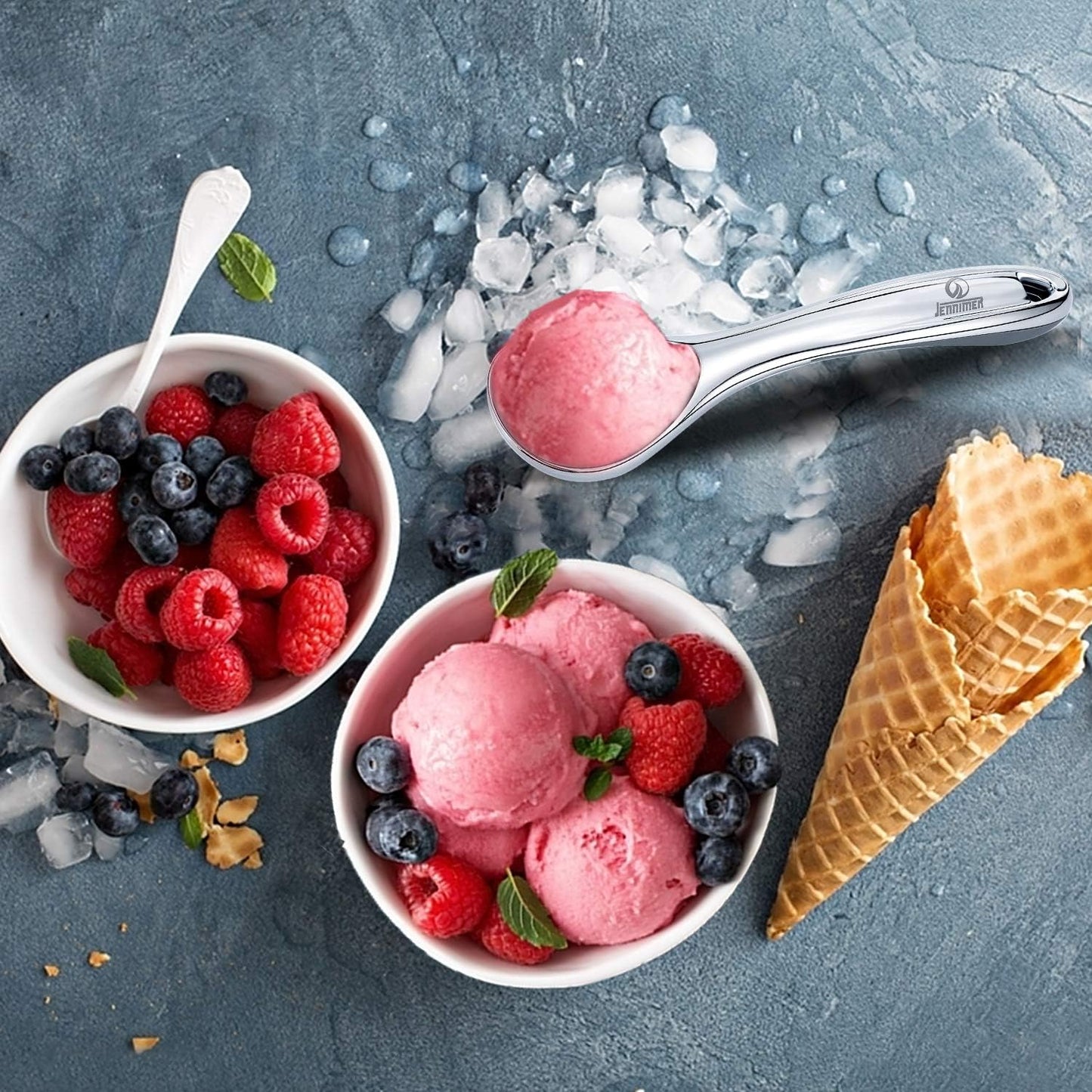 Heavy Duty Ice Cream Scoop, Commercial Antifreeze-Metal Scoop with Hook, Professional Easy-Grip Unbreakable (Silver)