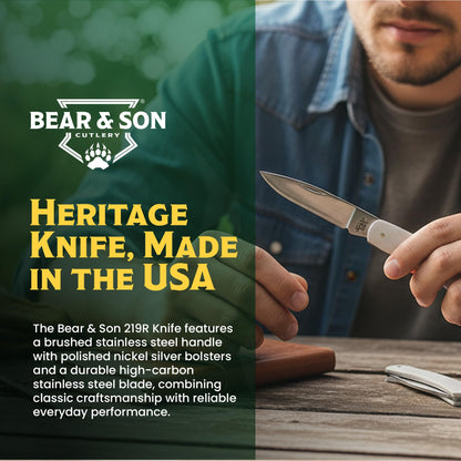 BEAR & SON 125 Executive Lockback Pocket Knife – Small Traditional Stainless Steel Folding EDC w/Brushed Handle, High Carbon Stainless Drop Point Plain Edge Blade, Manual Nail Nick Opening, USA Made