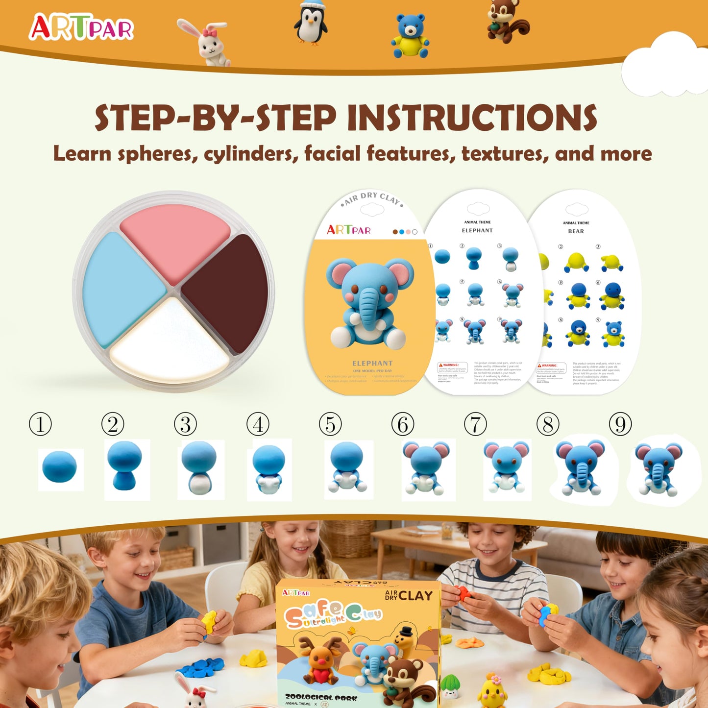 ARTPAR Air Dry Clay Kit for Kids-12 Animals Modeling Magic Clay,DIY Art Crafts Molding Clay Set,Ultra Light & Soft, Safe & Non-Stick with Sculpting Tools & Tutorials, Unique Gifts for Boys & Girls