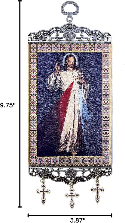 Religious Gifts The Divine Mercy Tapestry Icon Room Wall Decoration, 9 3/4 Inch with Crosses