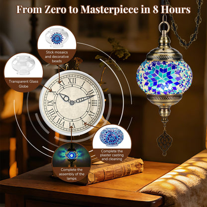 BOHMR DIY Turkish Mosaic Lamp Kit, 5.2"D Plug-in Stained Glass Pendant Hanging Lamp Making Kit with 15ft Cord-No Skills Needed,Mosaic Art & Craft Project Kits for Adults&Teens, Make Your Own Lamp,Blue