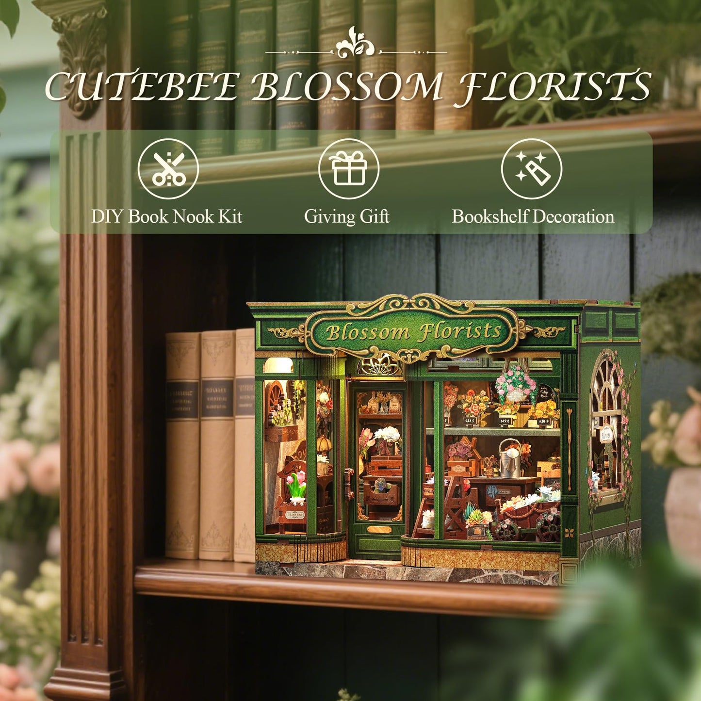 CUTEBEE Book Nook Kit, DIY Miniature House Kits for Adult and Teens, Dollhouse Booknook Tiny House, Bookshelf 3D Wooden Puzzle, DIY Craft Gifts for Family and Friends (Blossom Florists)
