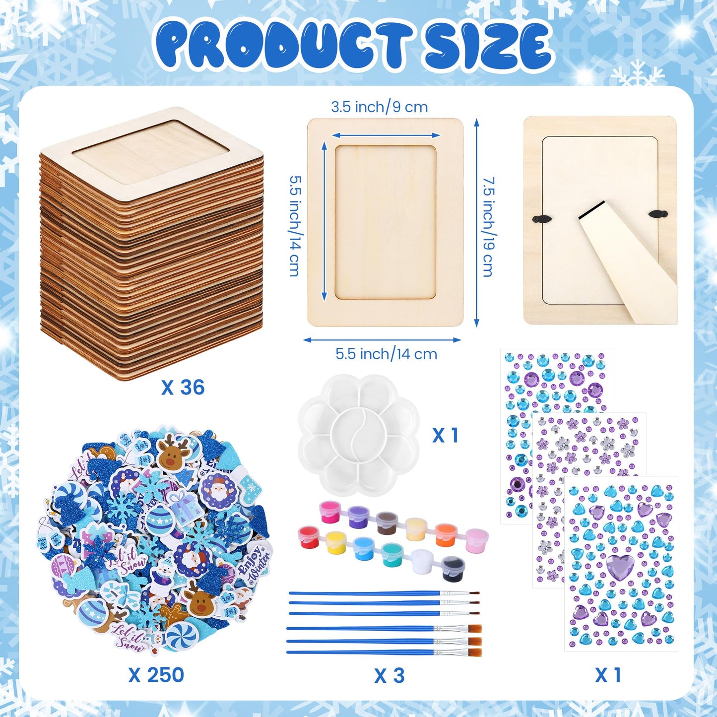 Fovths 36 Packs Winter Picture Frame Painting Craft Kit Wooden DIY Photo Frame with 250 Foam Stickers Brushes Set Holiday Art Party Favor DIY Paint and Decorate