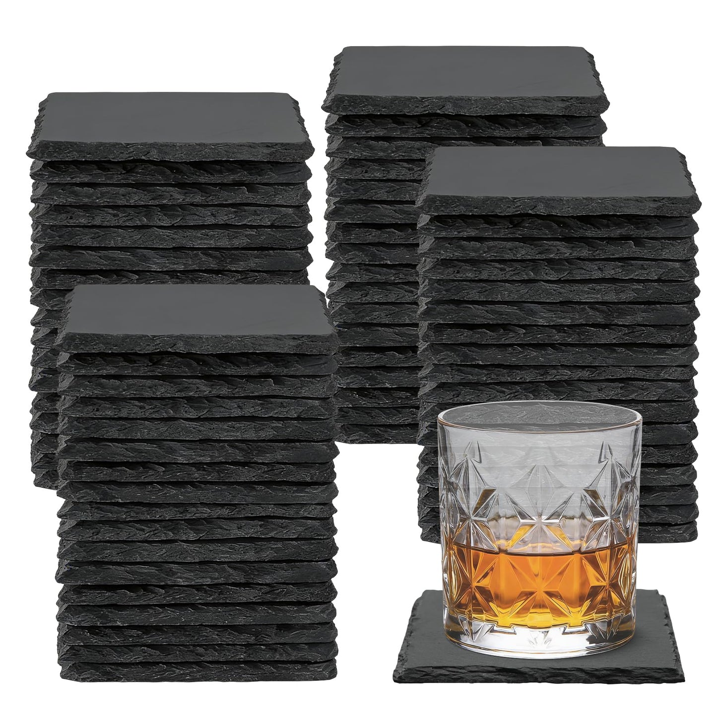 68 PCS Square Slate Drink Coasters Set, SIJDIEE 4 Inch Laser Engraving Black Slate Stone Coasters with Anti-Scratch Bottom and Coaster Holder for Office Bar Kitchen Home Dinner Table Decor Supplies