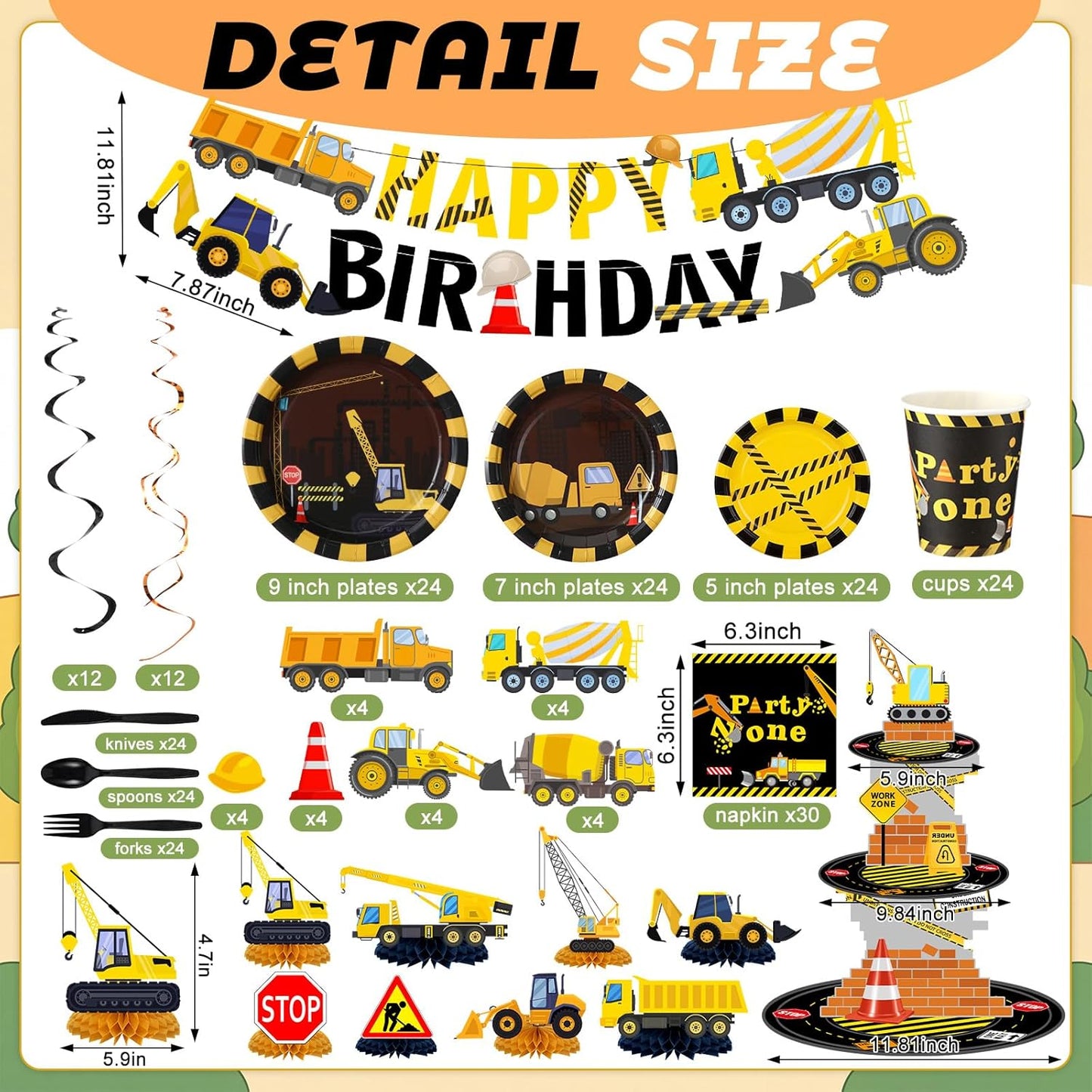 258 Set Pcs Construction Birthday Party Supplies Decoration Include Disposable Paper Plate Napkin Teacup Saucer Cupcake