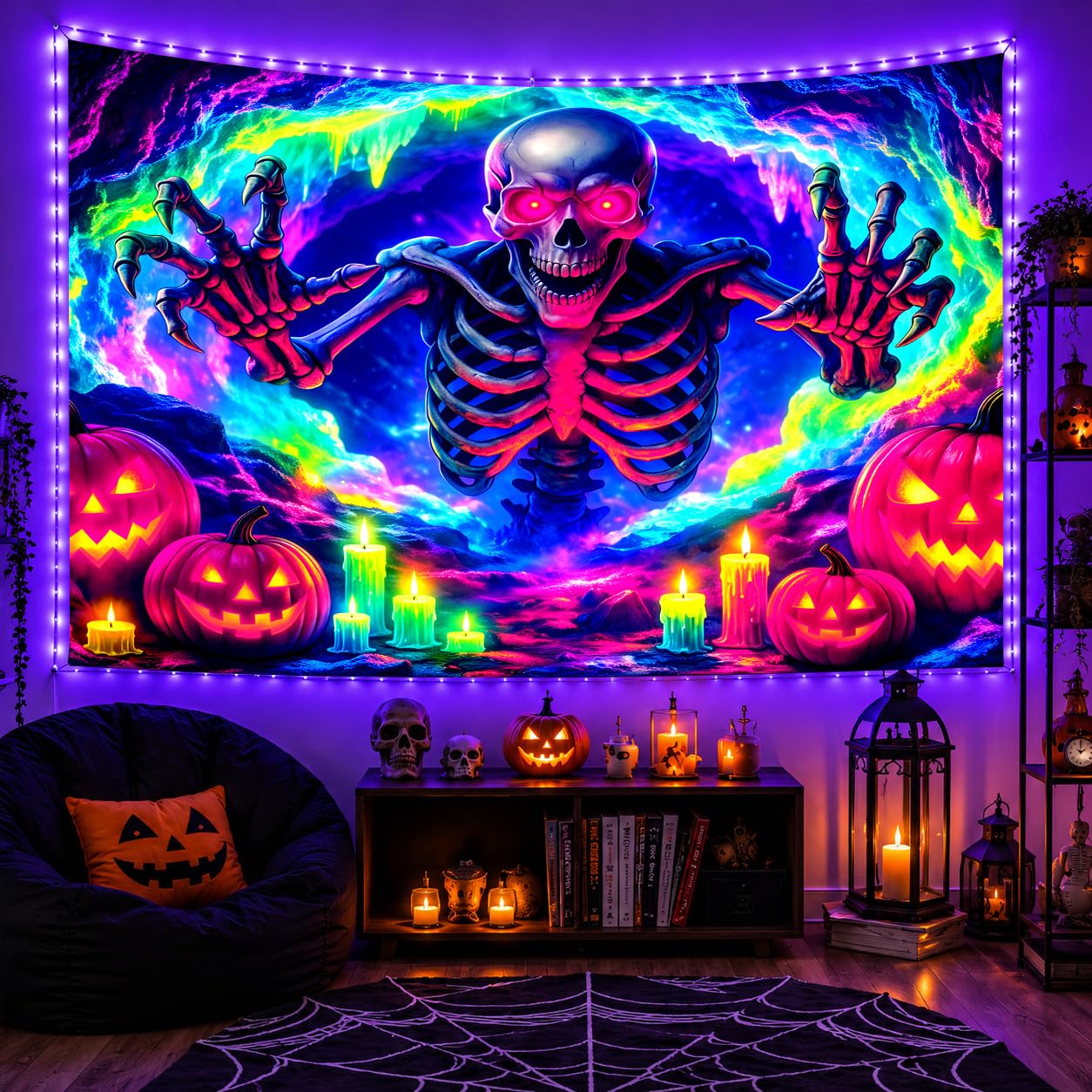 Neon Skeleton UV Tapestry 78.74X59.06in, Blacklight Reactive Tapestry Fluorescent, Hanging Neon Wall Tapestry for Bedroom Dorm, Room Tapestry Large Wall, Tapestry Room Backdrop, Halloween Decor