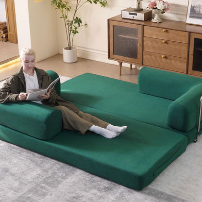 WHGBJA 79'' Convertible Sleeper Sofa Bed, 3-in-1 Foldable Floor Couch with Corduroy Upholstery, No Assembly Loveseat, Light Brown Lounge Mattress for Living Room, Studio, Guest Room (Light Green)