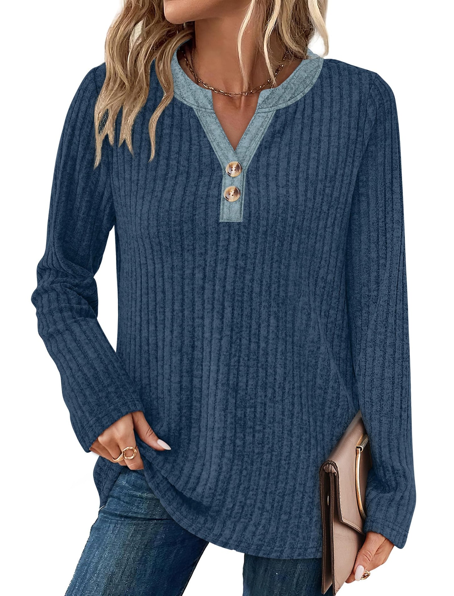 SAMPEEL Womens Sweaters Lightweight Long Sleeve Shirts V Neck Tops with Button Fall Outfits 2025