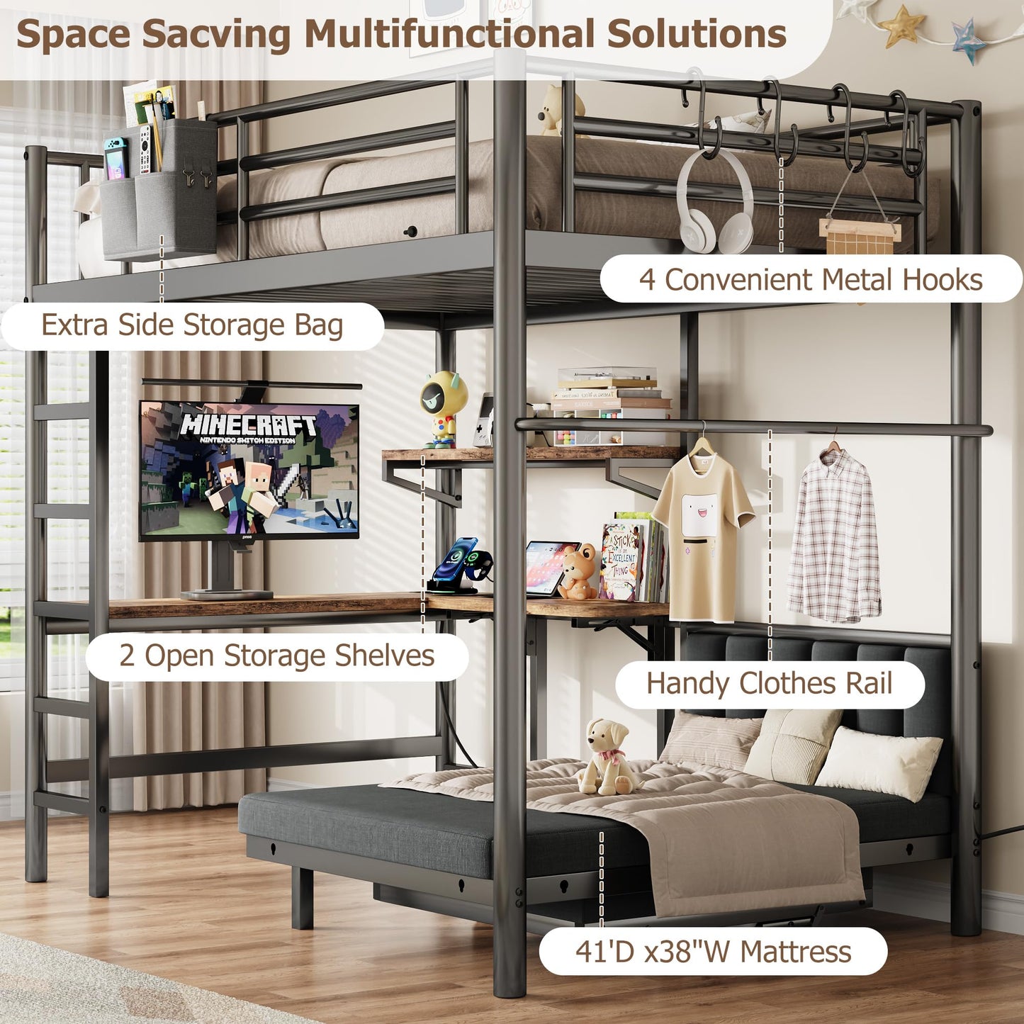 Twin Loft Bed with Matteress, Heavy Duty Metal Bunk Bed Frame with Pull-Out Folding Bed and Desk, Dual-Access Bed, Charging Station, 2-Tier Adjustable Shelves, Safety Guard Rail & Ladder (Dark Black)