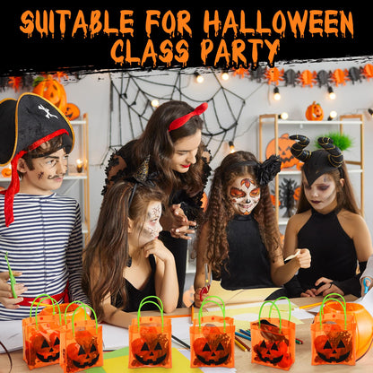 Sweetude 24 Packs Halloween Plastic Pumpkin Bags with Handles Halloween Jack O Lantern Pumpkin Party Gift Handles Bags Candy Favors, 6 x 6.3 Inch