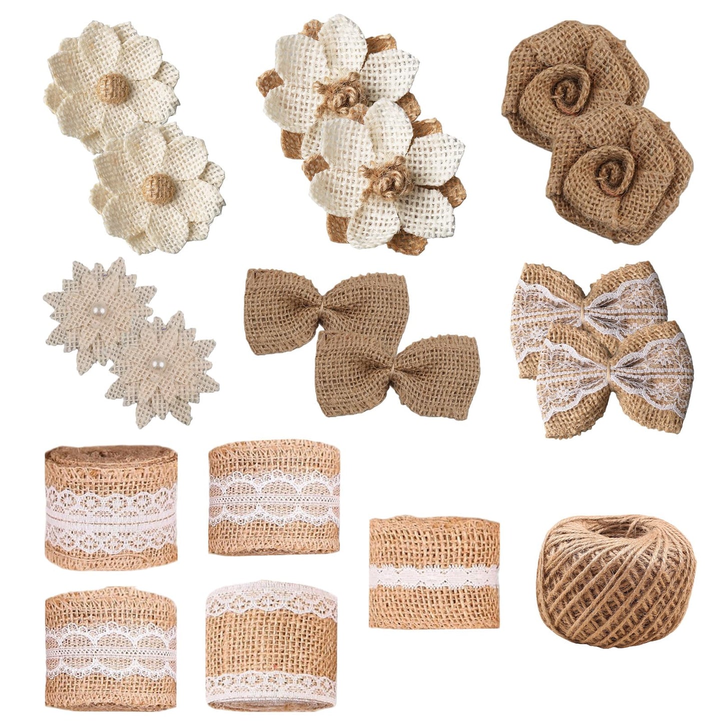 letsinstyle 30 Pcs Burlap Flowers Set, Include 6 Rolls Natural Jute Ribbons, 24pcs Flowers and Bowknots, 1 Burlap Twine String Rope for Crafts Big Bow Tree Ornaments Wreaths