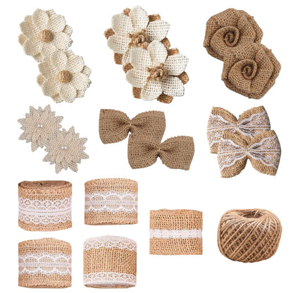 letsinstyle 30 Pcs Burlap Flowers Set, Include 6 Rolls Natural Jute Ribbons, 24pcs Flowers and Bowknots, 1 Burlap Twine String Rope for Crafts Big Bow Tree Ornaments Wreaths