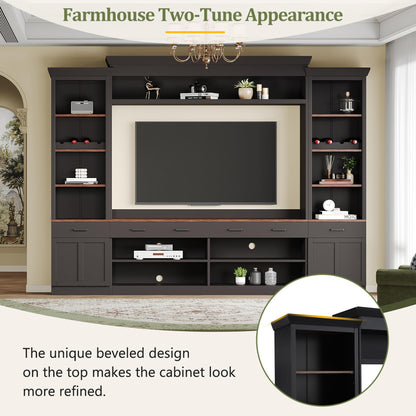 Merax Minimalist Entertainment Wall Unit Set with Ample Storage Space and Adjustable Shelves, TV Stand for Televisions Up to 70'', Mid-Century Large Media Console with Wine Rack for Living Room, Black
