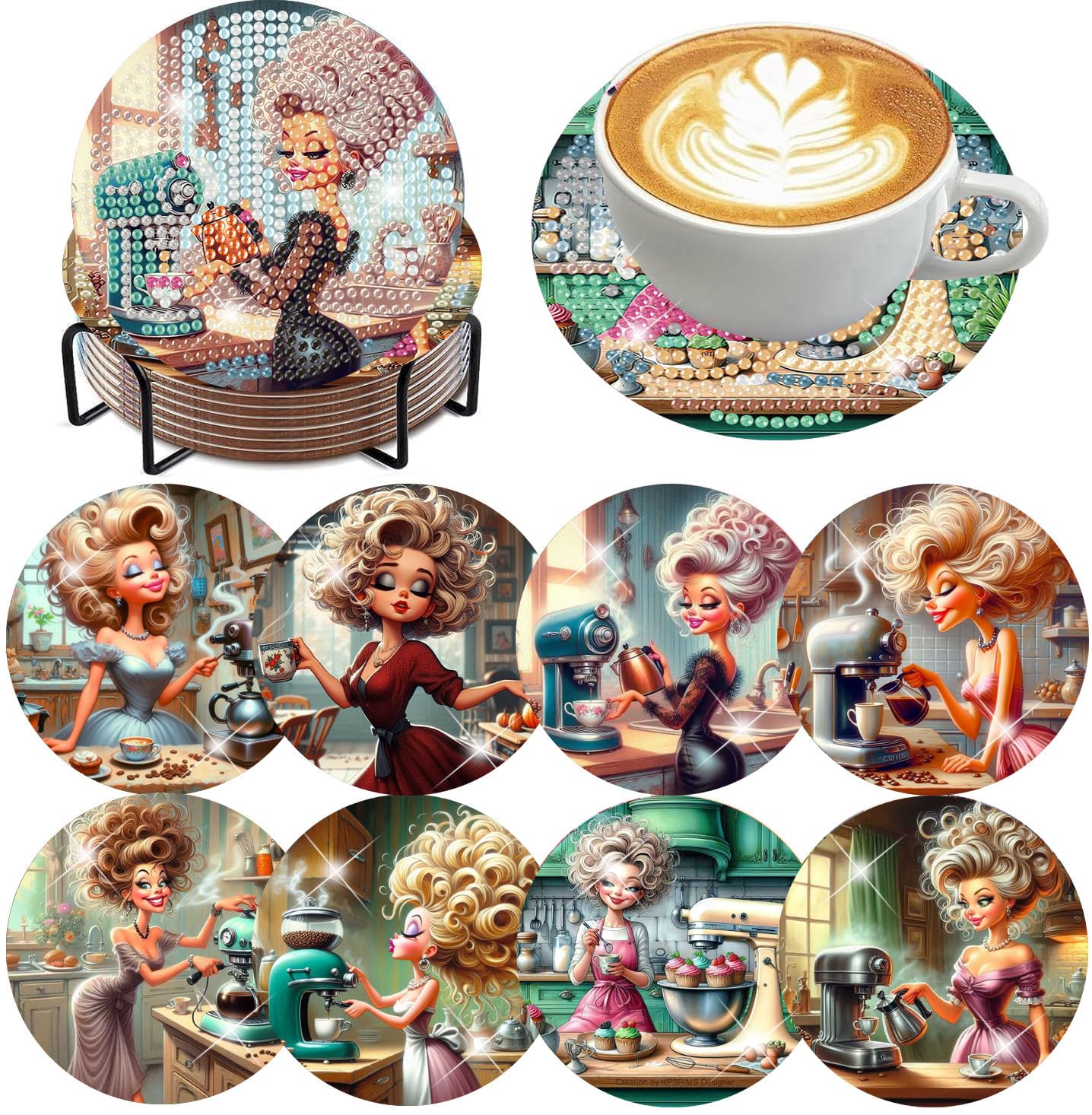 8 Pack Diamond Art Coasters Kits, Coffee Diamond Painting Coasters Kit Set with Holder Cork Pads, DIY Coffee Diamonds Art Non Slip Coaster Crafts Kits for Adults Beginners Gifts