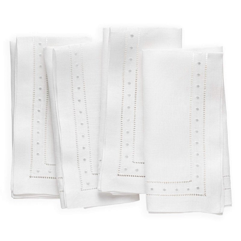 Linen Napkins Set of 4-100% Flax Linen White Dinner Napkins with Embroidered Dot 18 x 18 inch - Hemstitch Cloth Napkins Washable for Summer, Father's Day, 4th of July and Wedding