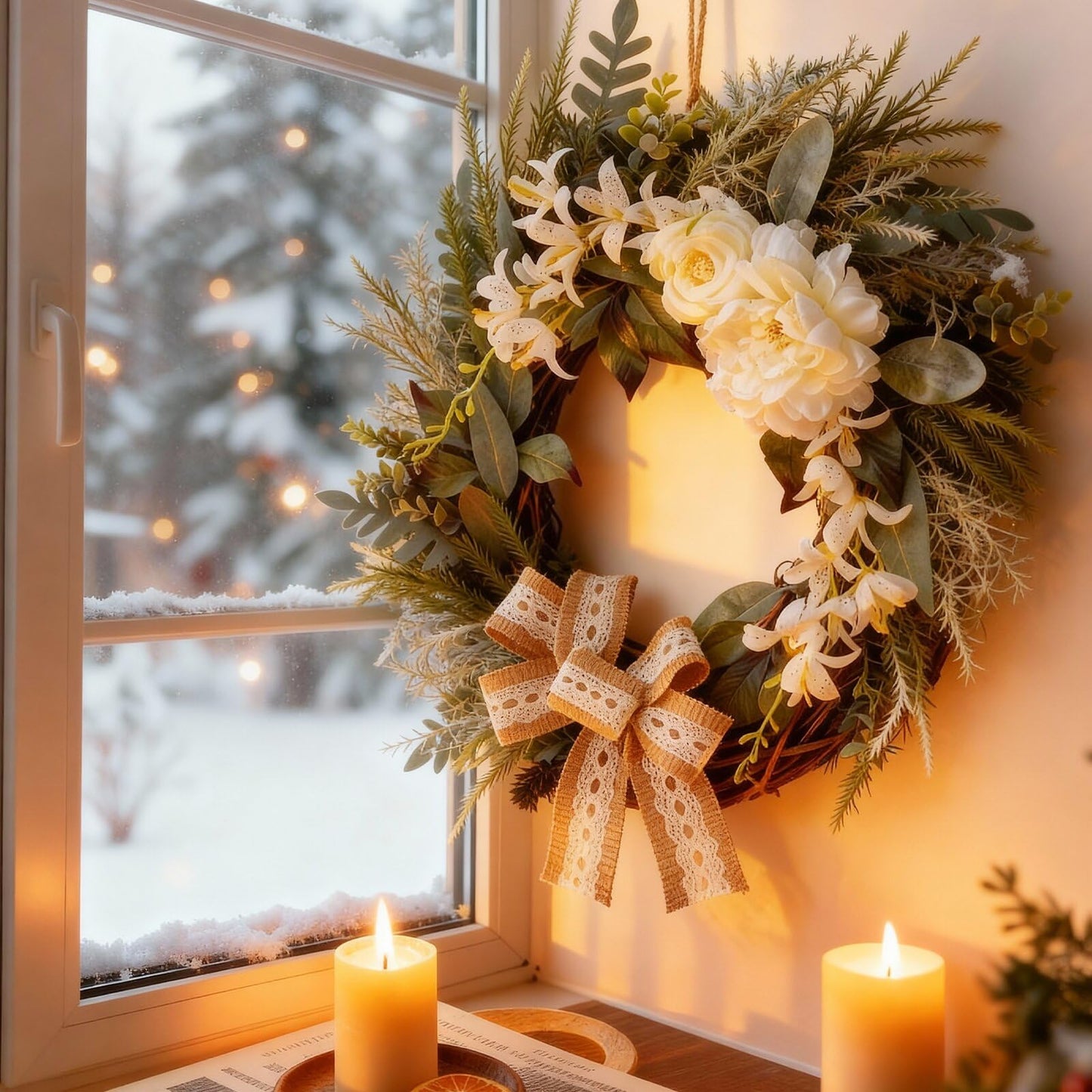 Petalivebioom 22 Inch Lace Bow Eucalyptus Front Door Wreath, Artificial Elegant Greenery Wreath, Weather Resistant Farmhouse Outdoor Indoor Porch Wall Wedding Home Decor