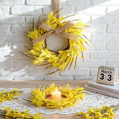 6 PCS Spring Forsythia Wreath Candle Rings Artificial Forsythia Farmhouse Candle Rings Pillar Holder Wreath Mini Spring Summer Floral Candle Rings for Rustic Wedding Home Table Centerpiece Decor