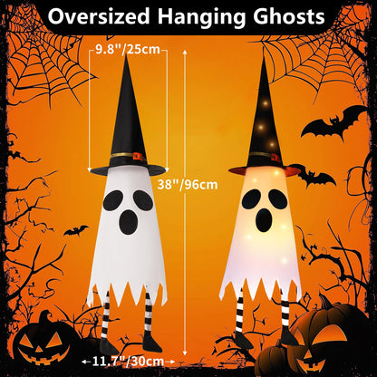 FENELY 3 Packs 38" Halloween Hanging Lighted Glowing Ghosts with Witch Hat and Foot, Outdoor Indoor Decorations for Home Party Yard Patio Garden Tree
