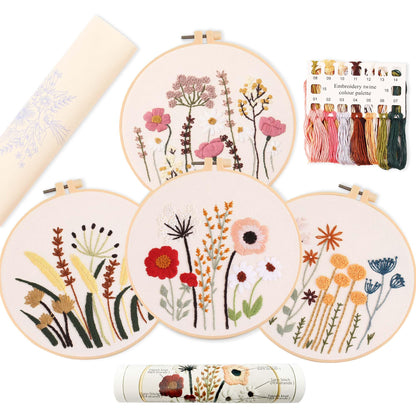 REEWISLY 4ps Embroidery Starter kit with Flowers Patterns and Instructions, DIY Adult Beginner Cross Stitch Kits, Including 2 Plastic Embroidery Hoop, 1 Pair of Scissors, Colored Threads and Needles