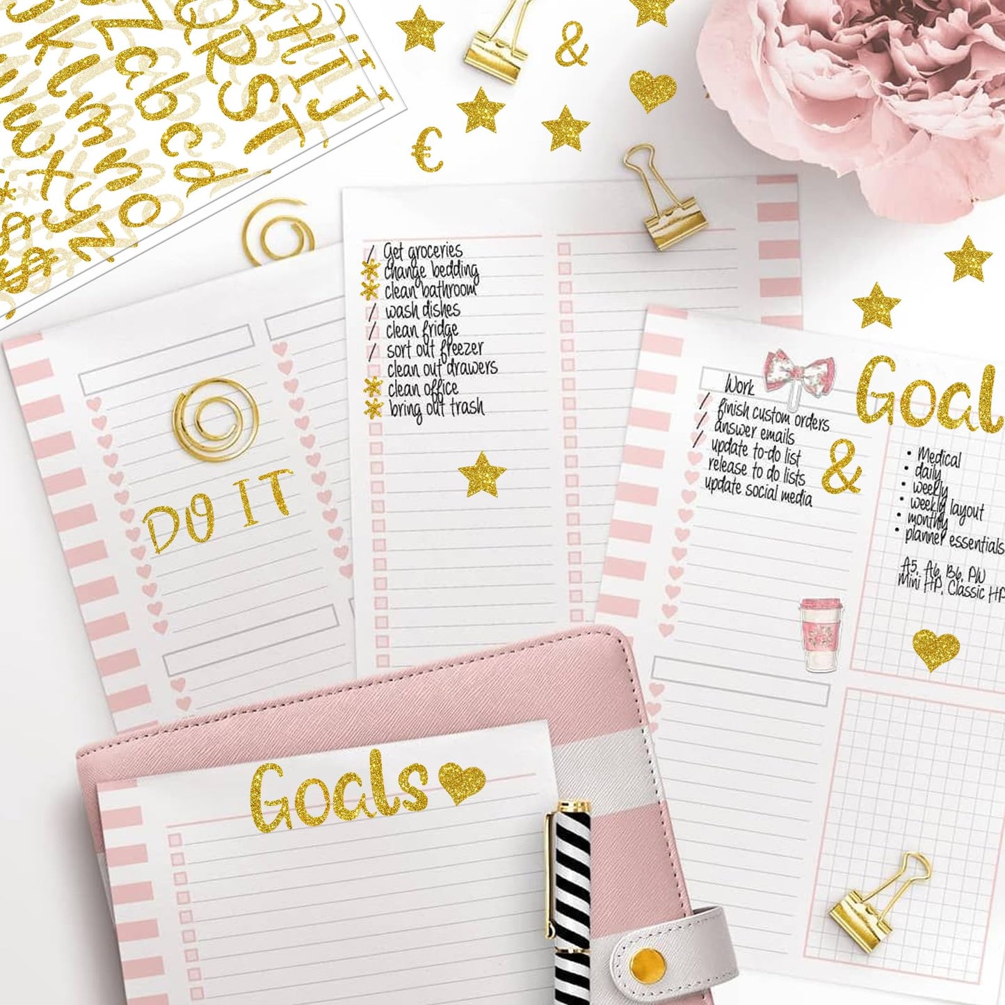 Glitter Gold Letter Stickers, 15 Sheets 1215 PCS Alphabet Number Stickers 1 Inch, Self Adhesive Vinyl Stickers for Graduation Cap Scrapbooking Water Bottles Mailbox DIY Crafts Signs Party Decor (Gold)