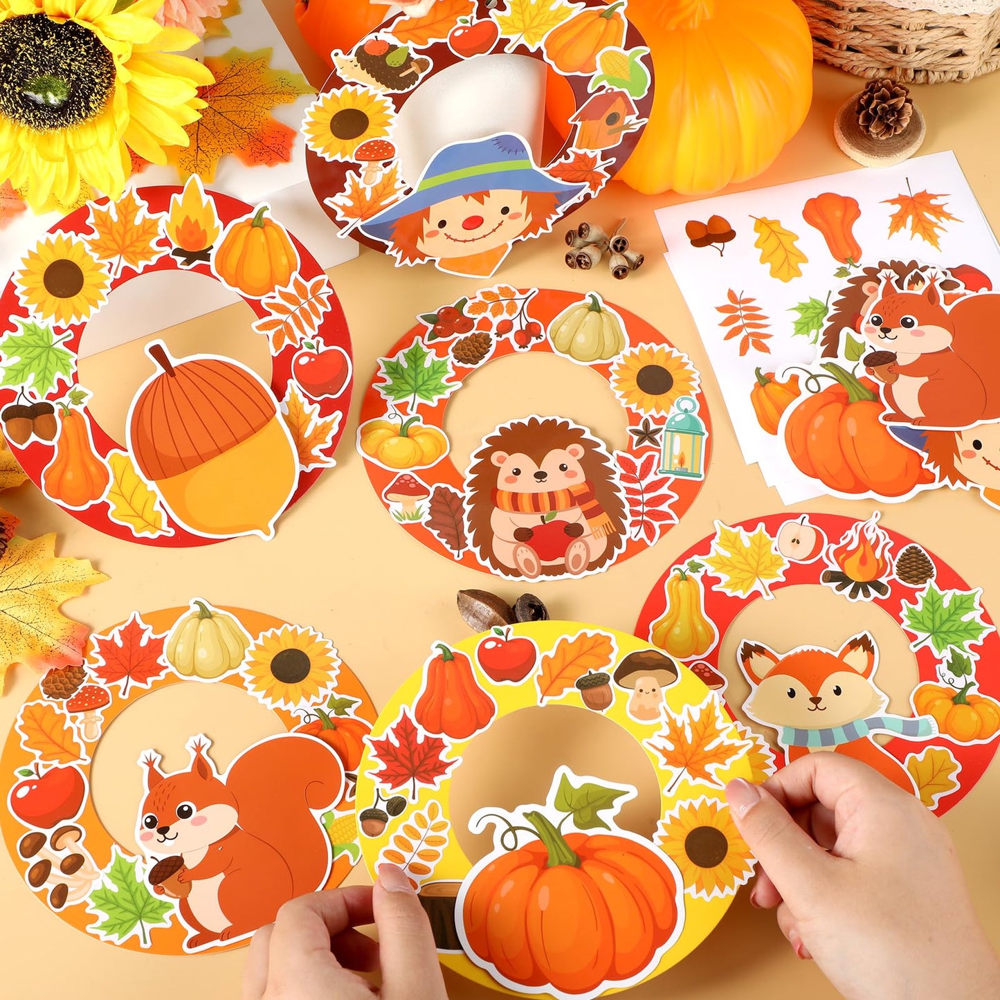 36 Sets Fall Animal Wreath Craft Kits DIY Autumn Scarecrow Pumpkins Paper Wreath Hanging Ornaments Make Your Own Thanksgiving Paper Art Craft with Stickers for School Home Party Decor Activities