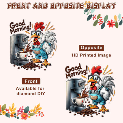 KEYIFA Coffee Diamond Art Hanging Kits with Chain, Special Shaped Drill Diamond Painting Pendant, Rooster Crystal Gem Art Pendant 5D Window Crafts for Wall Garden Door Decor (Width 7.9 in)