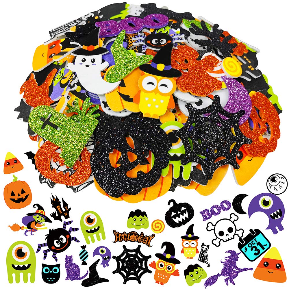 Winlyn 517 Pcs Bulk Foam Halloween Prints Stickers Self-Adhesive Pumpkins Jack-O'-Lantern Ghost Witch Bats Monster Stickers 1" 1.5" 2" Embellishments for Kids Craft Favors Rewards Halloween Decoration