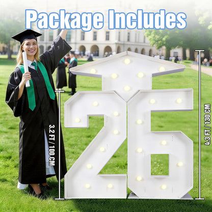 Froova 26 Light Up Numbers Marquee 4.3 FT for 2026 Graduation Decorations Graduation Cap White Large Mosaic Number Lights Sign Cardboard Pre-Cut Frame for Class of 2026 High School College Grad Party