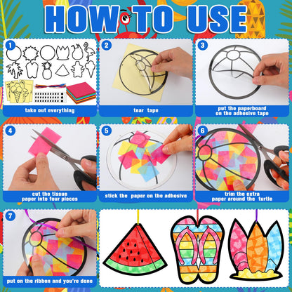 AmazingSpark 36 Pcs Summer Suncatchers Paper Craft Set, DIY Flamingo Hawaii Stained Glass Effect Tissue Paper Kits Bulk for Windows, Art Parties, Beach Decorations, Favors and Gifts