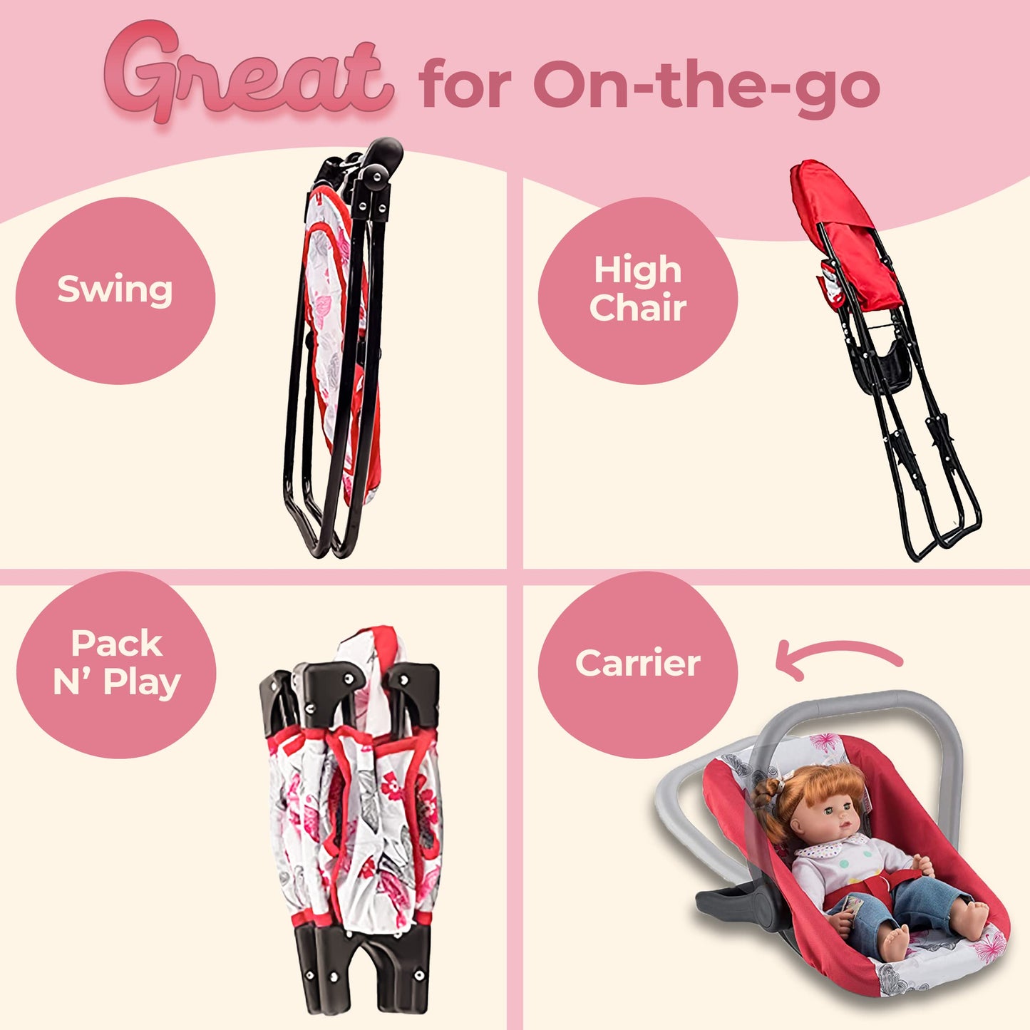 18-Inch Baby Doll Nursery Playset by Litti - Doll Accessories Set with Swing, Crib, High Chair, and Carrier - Realistic Toy Furniture for Imaginative Play - Gift for Kids Ages 3 Up