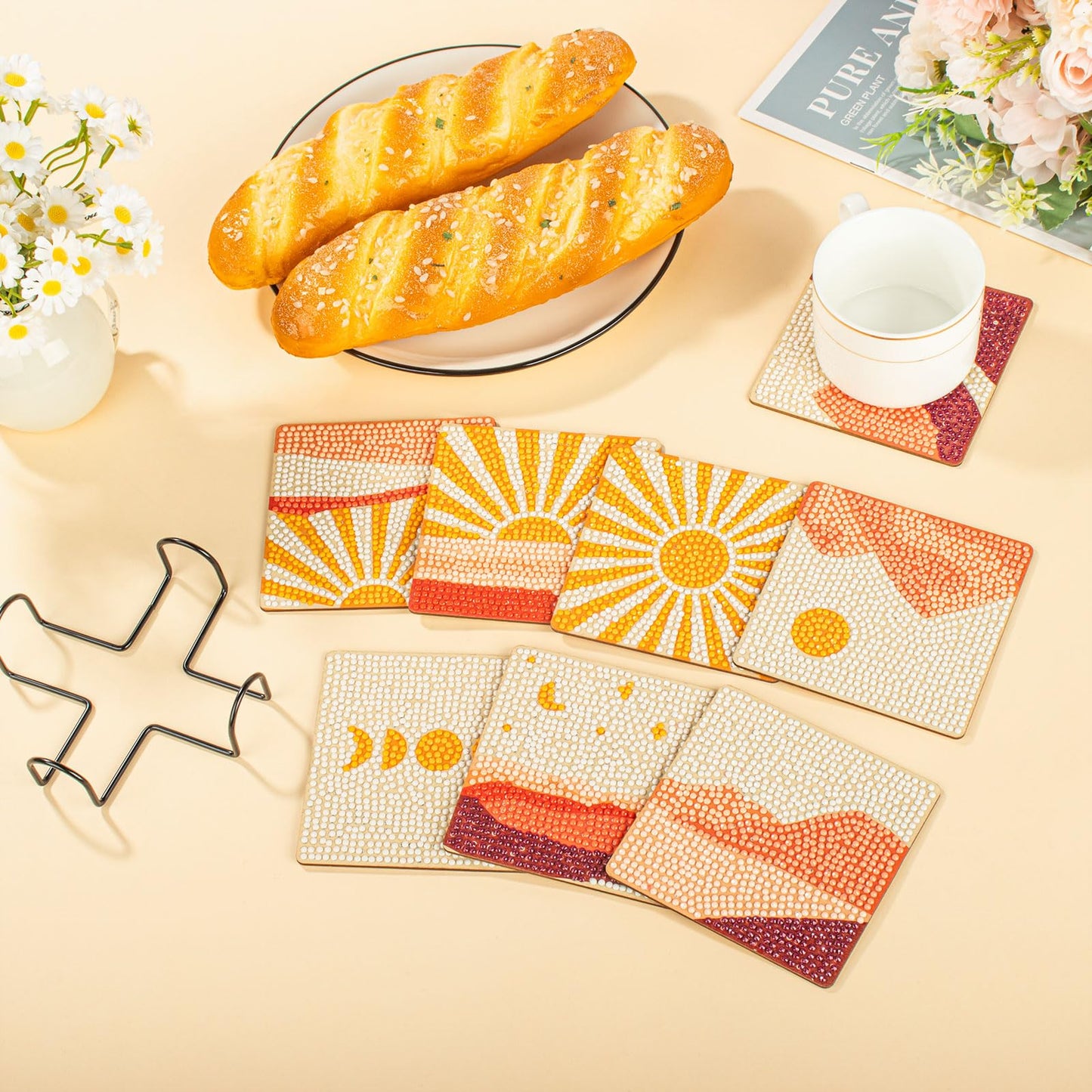 Etenpo 8 Pack Diamond Art Coasters with Holder, Wooden Sun Shape Diamond Painting Coasters for Adults Beginners, DIY Mandala Craft Kits for Gifts and Home Decor (10x10cm)