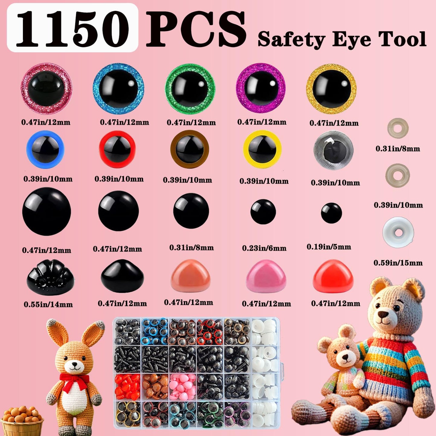 Safety Eye Tool Kit for Amigurumi & Crochet-1150PCS 3D Glitter Safety Eyes,5-30mm Stuffed Animals Safety Eyes Doll Making Supplies,Safety Eye 10-30mm Sizer Tool,Ergonomic Design for Crafting (Pink)
