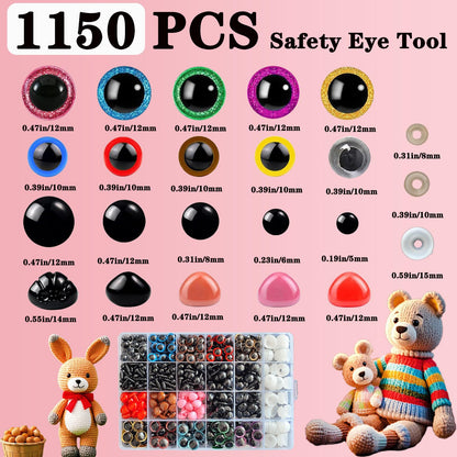 Safety Eye Tool Kit for Amigurumi & Crochet-1150PCS 3D Glitter Safety Eyes,5-30mm Stuffed Animals Safety Eyes Doll Making Supplies,Safety Eye 10-30mm Sizer Tool,Ergonomic Design for Crafting (Pink)