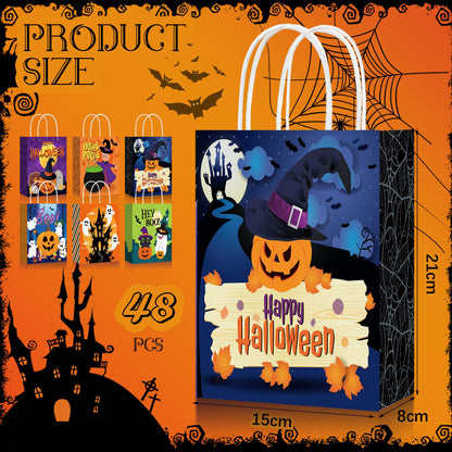 Yeaqee 48 Pcs Halloween Treat Bags Paper Gift Bags with Handles for Candy Snack Goodie Summer Halloween Party Favor Supplies(Cartoon)
