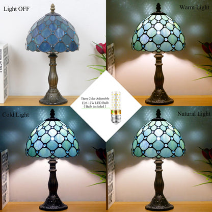WFAYNTIFL Small Tiffany Lamp Mini Stained Glass Table Lamp Sea Blue Pearl Style Bedside Accent Lamp Memory Sympathy 8X14.5 Inch