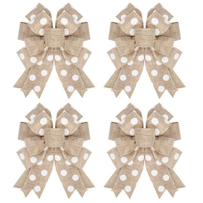 chmacura 4 Pieces Natural Burlap Wreath Bow 5 x 7 Inches Circle Dots Craft Bow Birthday Anniversary Tree Topper Ornament Bow for Home Front Door Decorations