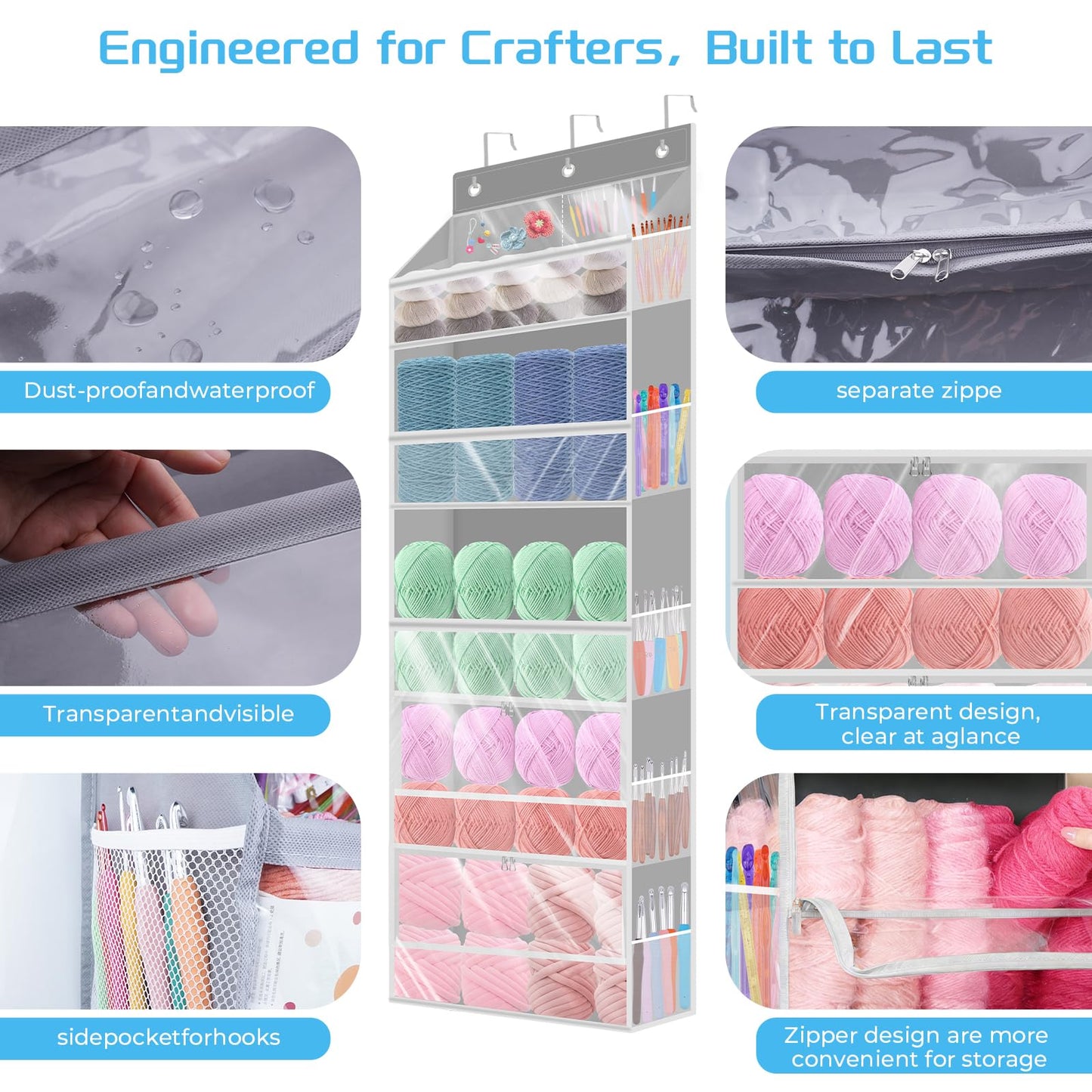 Mdoker Hanging Yarn Storage Organizer with Zippered Closure Compartments Large Capacity Crochet Storage Organizer,Transparent Over the Door Hanging Bag for Knitting Supplies