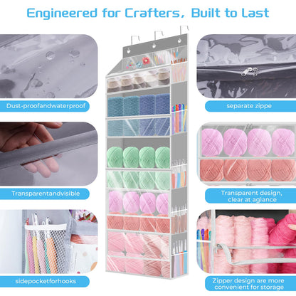 Mdoker Hanging Yarn Storage Organizer with Zippered Closure Compartments Large Capacity Crochet Storage Organizer,Transparent Over the Door Hanging Bag for Knitting Supplies