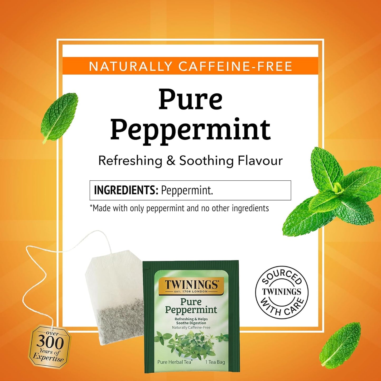 Twinings Pure Peppermint Herbal Tea - 50 Individually Wrapped Bags | Fresh Minty Flavor, Caffeine-Free, 300 Total Teabags