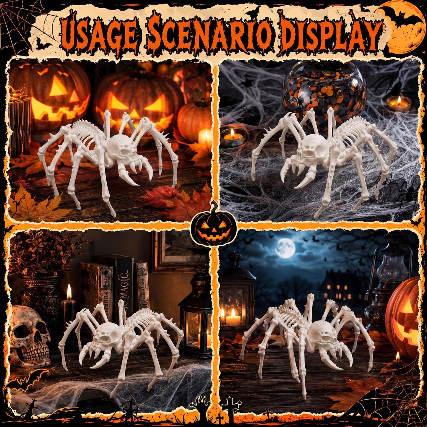 Kathfly 2 Pcs Spider Skeleton Decor, Animals Skeleton Ornaments Plastic Spider Skull Bones Figure Decor for Indoor and Outdoor Halloween Party Props Escape Rooms