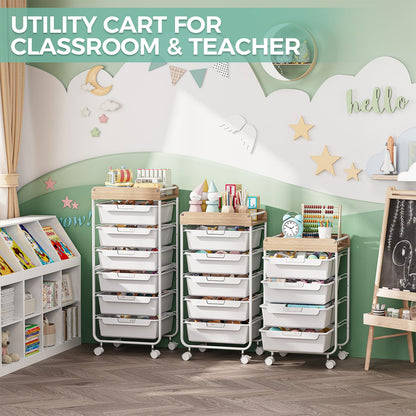 SYKIARIOL Rolling Storage Utility Cart with 4 Drawers,Kids Craft Art Cart,Makeup Organizer and Storage with Wooden Tabletop,White