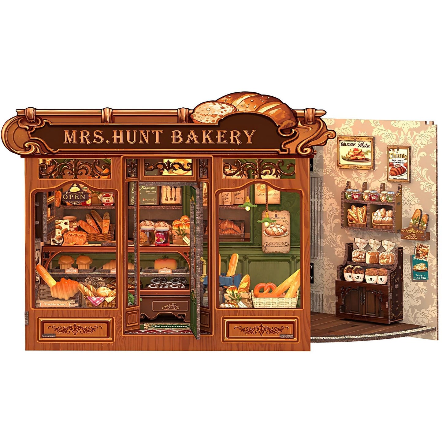 Fsolis Book Nook Kit - DIY Miniature House Kit for Adults Booknook 3D Wooden Puzzles Bookshelf Nook Decor Bakery Shop Model Gifts for Women Book Lovers (MRS.Hunt Bakery)