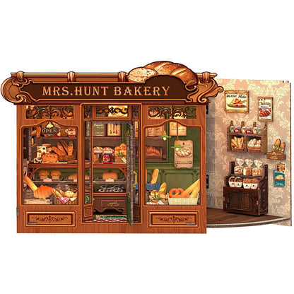 Fsolis Book Nook Kit - DIY Miniature House Kit for Adults Booknook 3D Wooden Puzzles Bookshelf Nook Decor Bakery Shop Model Gifts for Women Book Lovers (MRS.Hunt Bakery)