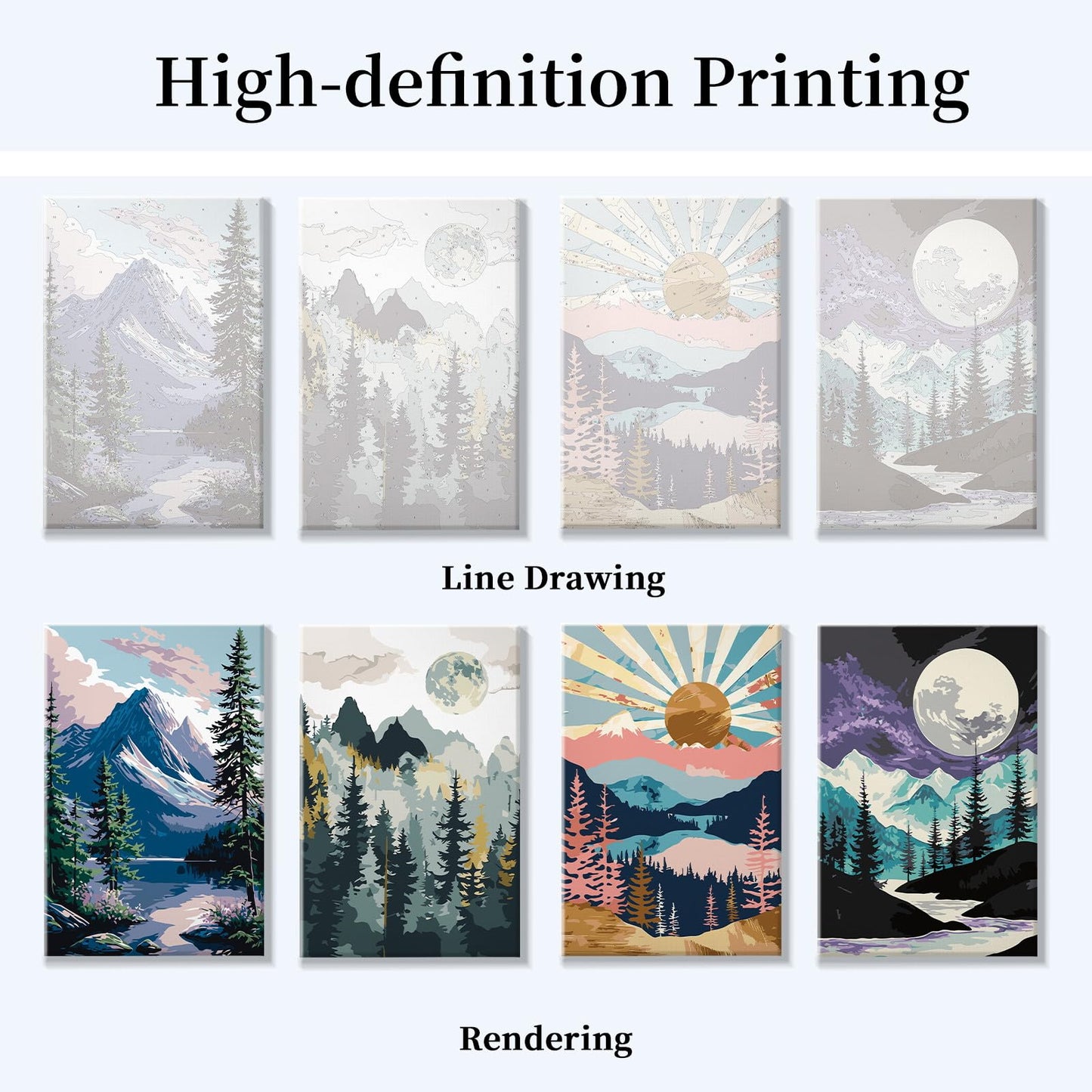 JOOZ 4 Pack Framed Paint by Numbers Kit for Adults, Mountain Sunset Paint by Number with Easel, DIY Moon Lake Adult Paint by Number Kits on Canvas, Landscape Oil Painting Kit for Home Decor 8x12 Inch