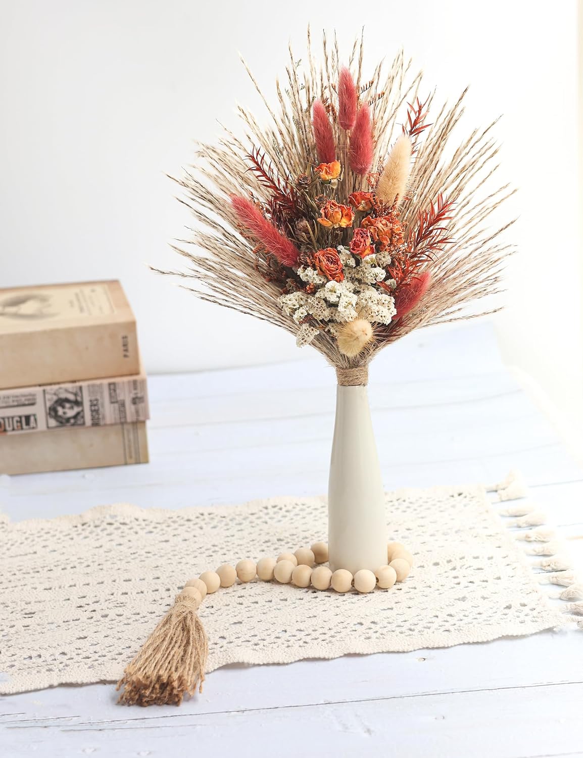 Natural Dried Flowers Bouquet with Vase, Dried Pampas Grass for Boho Home Decor, Wedding, Baby Shower, Farmhouse