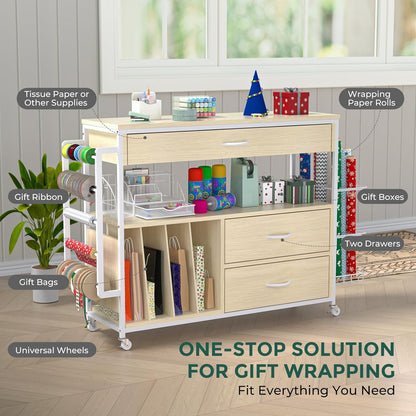 Skiennix Wrapping Paper Organizer - Stylish Craft Cart with Ribbon & Gift Bag Storage | 3 Wooden Drawers - Oak