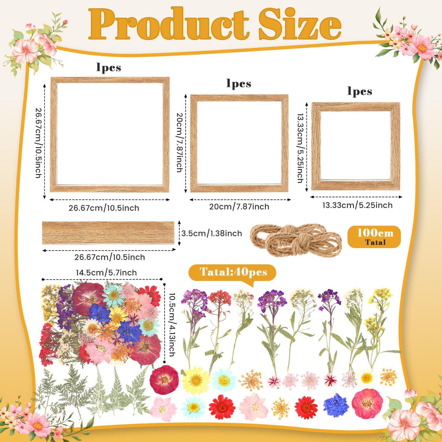 Vicenpal 3 Pack Wooden Dried Flower Picture Frame with 40pcs Pressed Flowers DIY Craft for Wall and Tabletop Display, Natural Gift for Family Friend Wedding