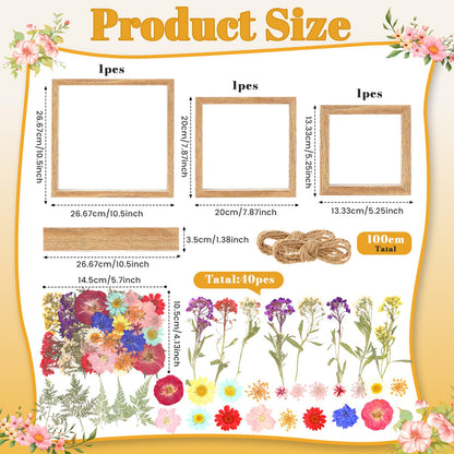 Vicenpal 3 Pack Wooden Dried Flower Picture Frame with 40pcs Pressed Flowers DIY Craft for Wall and Tabletop Display, Natural Gift for Family Friend Wedding