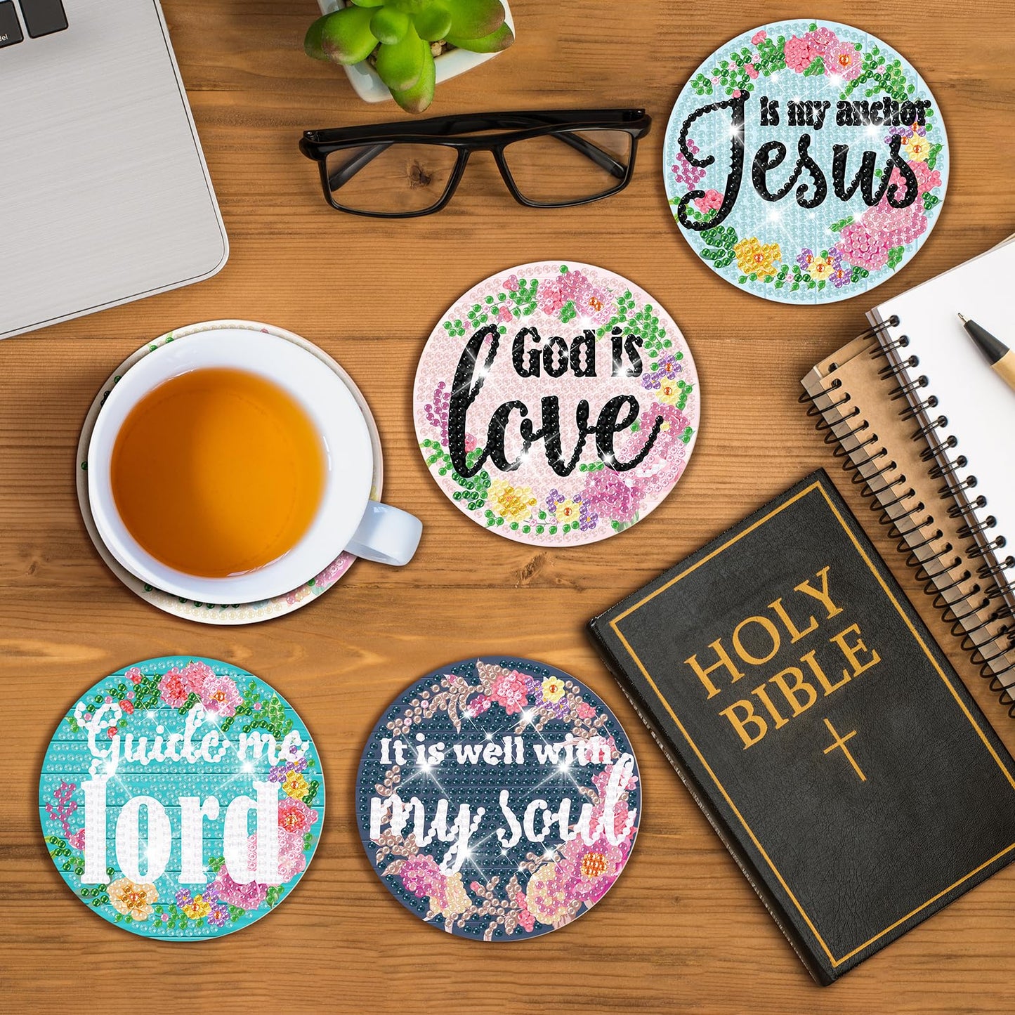 8 PCS Christian Bible Verse DIY Farmhouse Coasters Kit with Holder - Christian Present for Beginners, Adults, Kids - Diamond Art Crafts Supplies