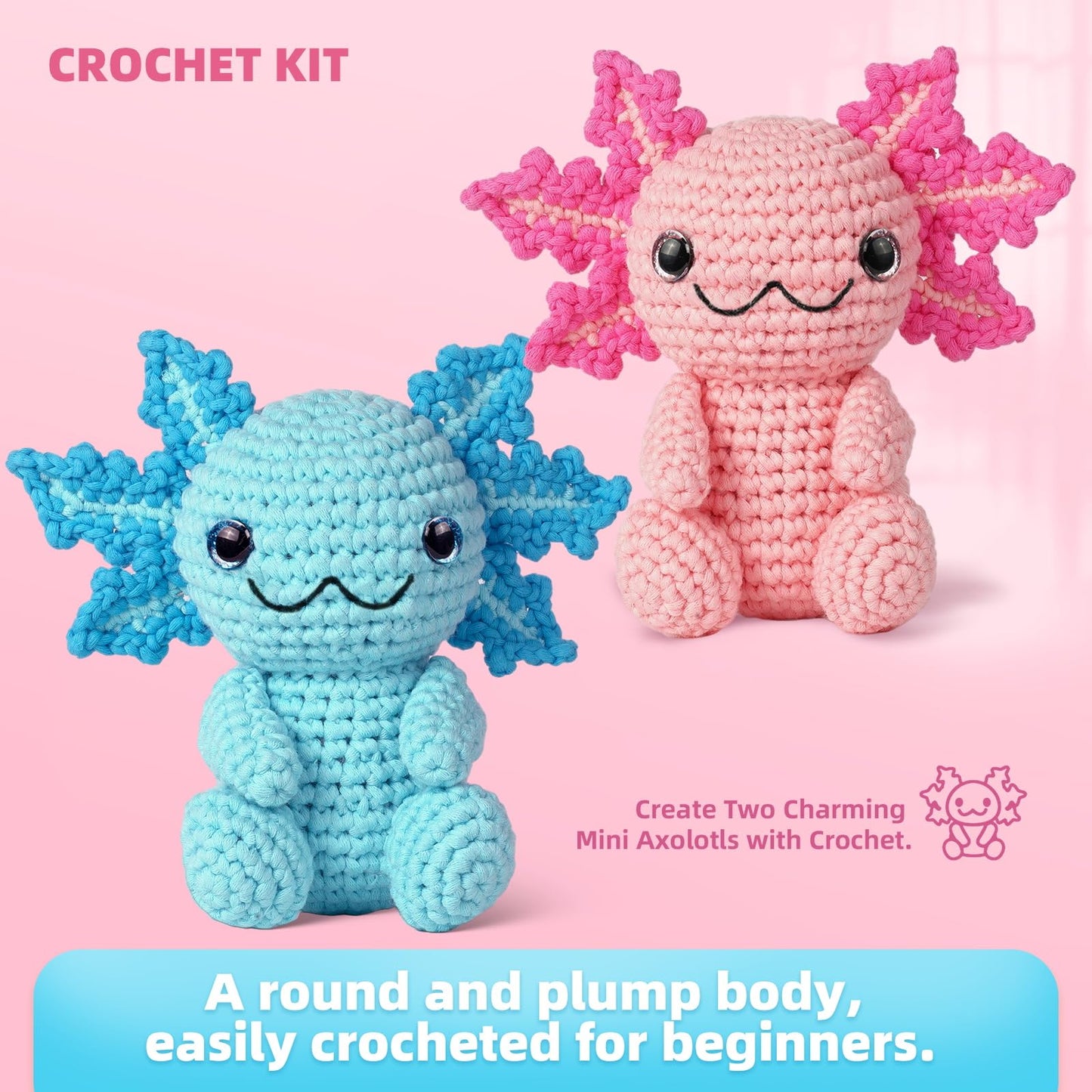 MOREJMTT Crochet Kit for Beginners, Crochet Animal Kits,Crocheting Kit for Starters with Step-by-Step Video Tutorials, Beginner Crochet Kits for Adults (2Pack Axolotl)